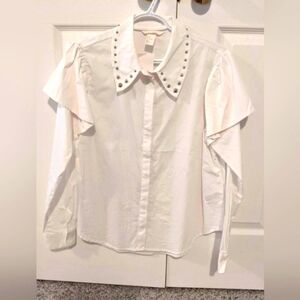 Women's (Size 12) White Button Down Blouse With Studded Collar